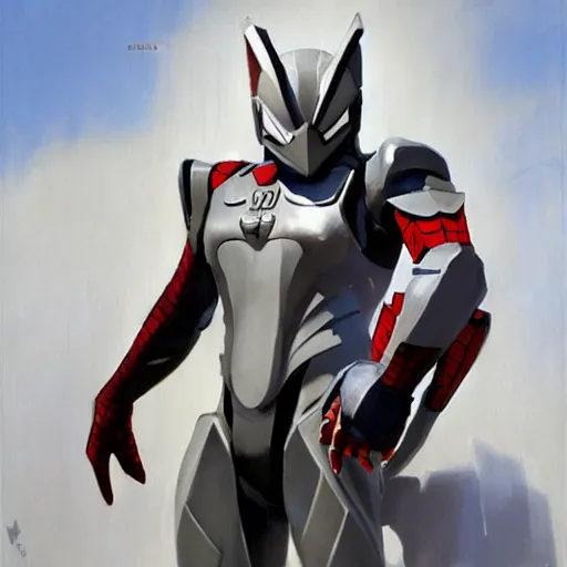 Image similar to greg manchess portrait painting of armored spiderman ultraman grey fox from metal gear cyborg japanese - american hybrid as overwatch character, medium shot, asymmetrical, profile picture, organic painting, sunny day, matte painting, bold shapes, hard edges, street art, trending on artstation, by huang guangjian and ail elvgren and sachin teng