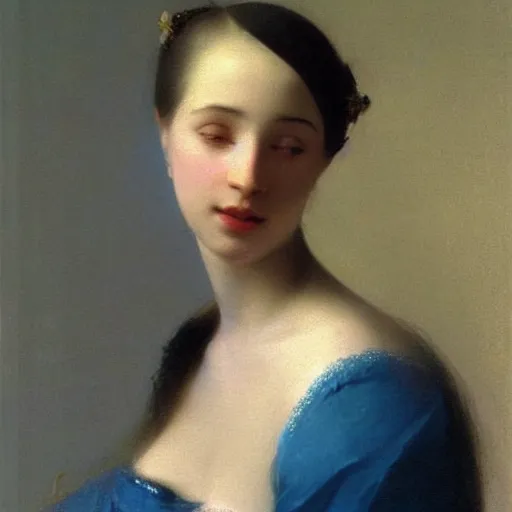 Image similar to a young woman’s face, her hair is white, she wears a long flowing blue satin veil, by ivan aivazovsky and pieter claesz and paul delaroche and alma tadema and august malmstrom and and willen claesz heda and aelbert cuyp and gerard ter borch, hyperrealistic, volumetric light, rendered in octane, c4d