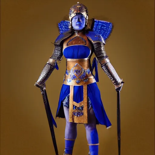 Image similar to full body photo of a female warrior with lapis lazuli armour