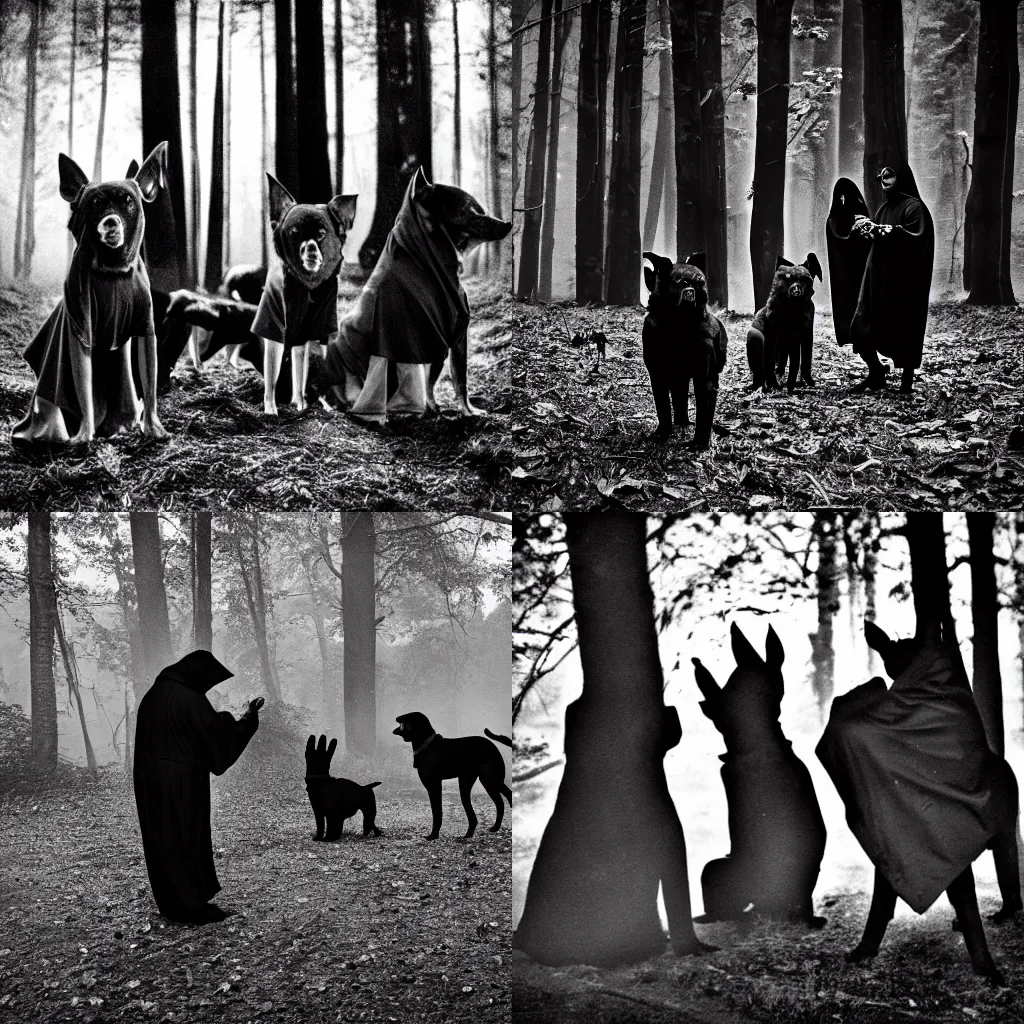 Prompt: a creepy, horrifying photograph of bipedal dogs in dark robes performing an evil ritual in the woods at night. black and white, noir, grainy, distorted, creepy, horror, vvitch, fire, demons, pentagrams