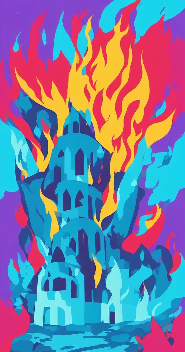 Prompt: colorful minimalist poster art design of a burning church from pokemon sword and shield