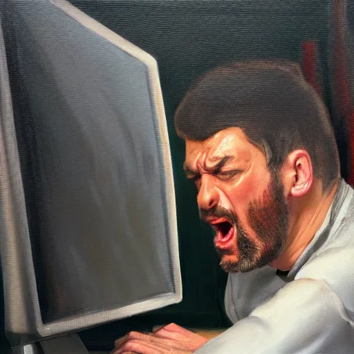 Image similar to an angry man yells at his computer monitor, oil on canvas, highly detailed, high resolution