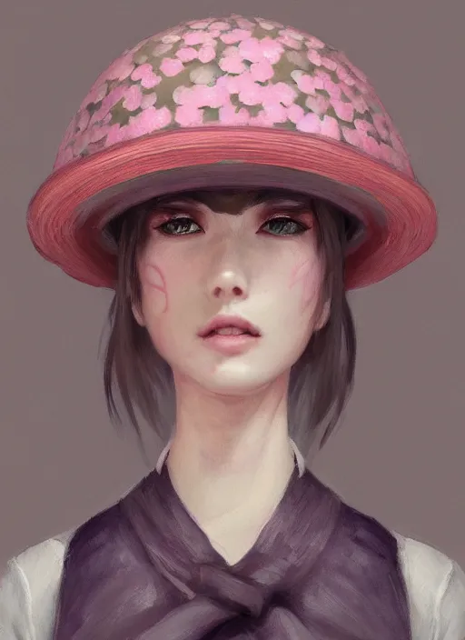 Image similar to a portrait of a female wearing a hat with sakura on top, hyper detailed, digital art, trending in artstation, cinematic lighting, studio quality, smooth render, unreal engine 5 rendered, octane rendered, art style by klimt and nixeu and ian sprigger and wlop and krenz cushart