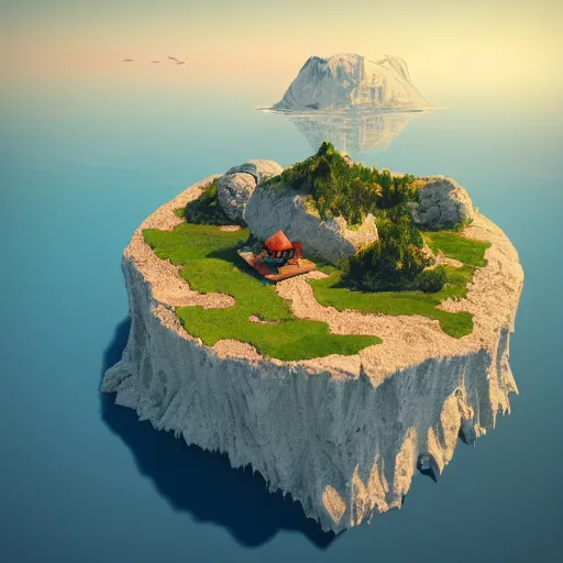 Image similar to a floating island with lago di sorapis landscape isometric art, low poly art, game art, artstation, 3D render, high detail, cgsociety, octane render, sharp focus