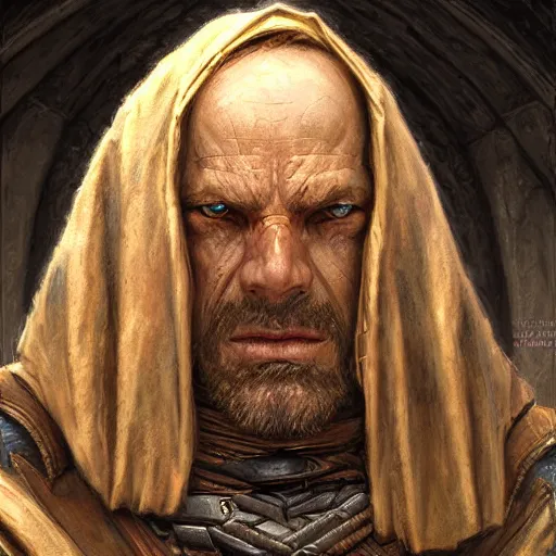 Image similar to the hooded doomslayer as a realistic d & d fantasy character, closeup portrait art by donato giancola and greg rutkowski, vintage retro, realistic face, digital art, trending on artstation, symmetry!!