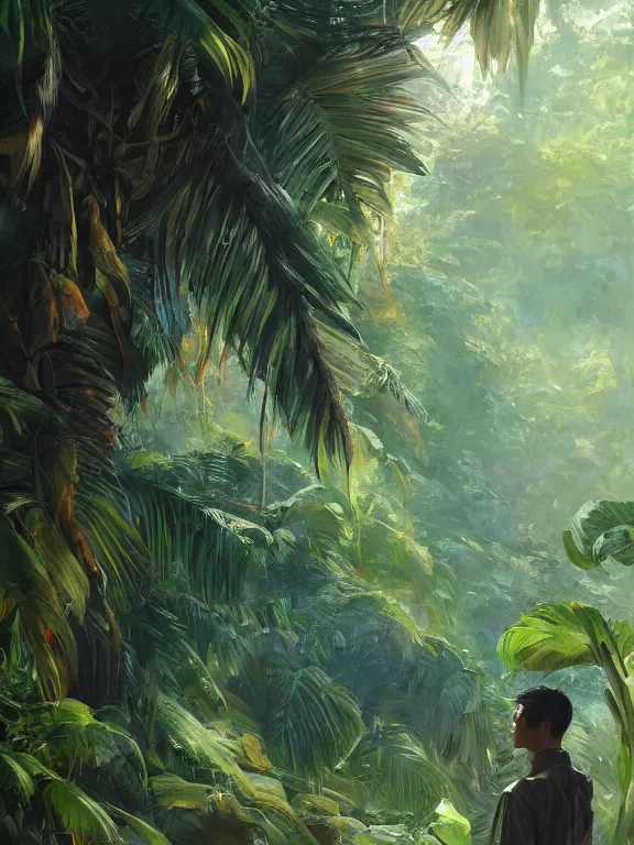 Image similar to an ultradetailed beautiful portrait painting of an explorer marching in a tropical jungle, side view, oil painting, high resolution, by ilya kuvshinov, greg rutkowski and makoto shinkai