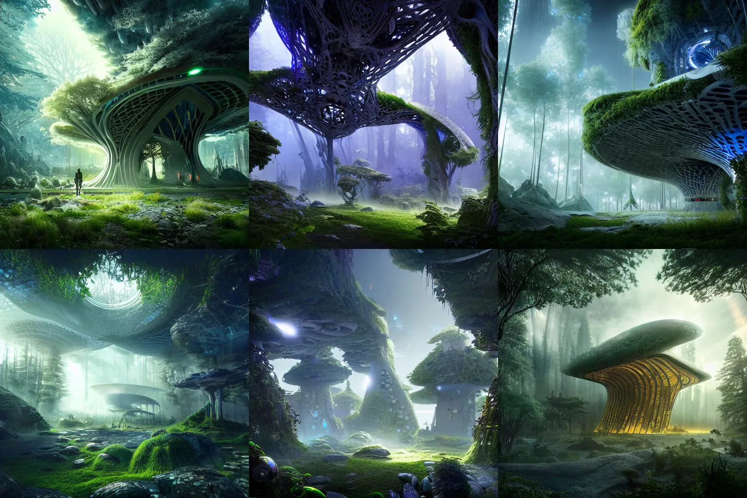 Prompt: a futuristic building in the middle of a magical fantasy forest, epic composition, intricate details, hyper detailed, 8 k, volumetric light, magical atmosphere