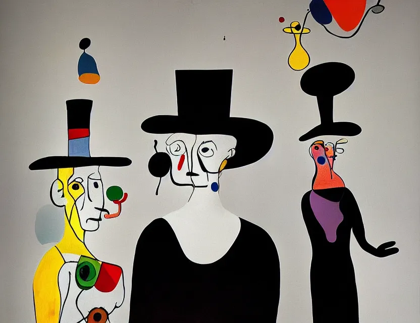 Image similar to a colorful installation sculpture artwork of a old and strange dusty professor in black suite and hat and a old woman making a study of drinking 1 0 cups of black coffee in 5 seconds in a kitchen that is melting, styled by joan miro and niki de saint phalle