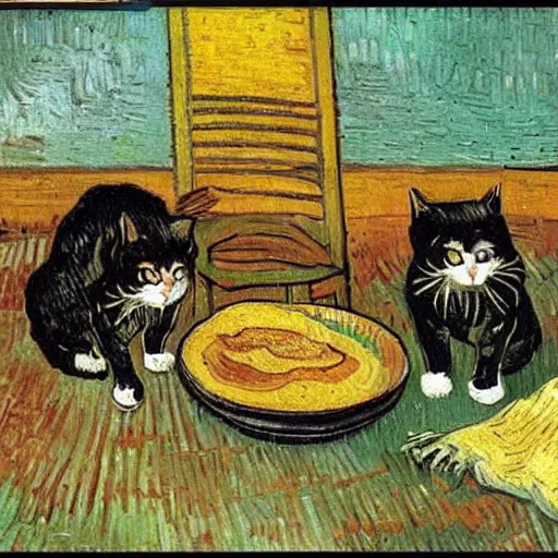 Image similar to cats making pancakes, oil painting, by vincent van gogh