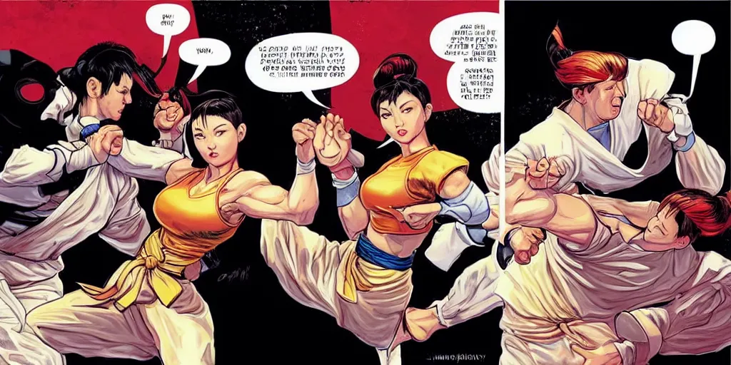 Prompt: Chun Li teaching Trump karate. Epic painting by James Gurney and Laurie Greasley.