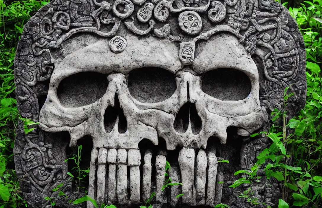 Image similar to mayan temple in form of punisher skull. background jungle