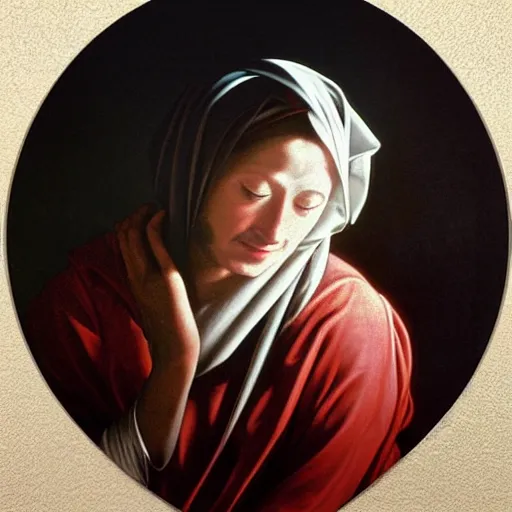 Image similar to painting portrait of a person with a bright light beam emanating rays of light and totally covering their head, matte painting, masterpiece, by Caravaggio