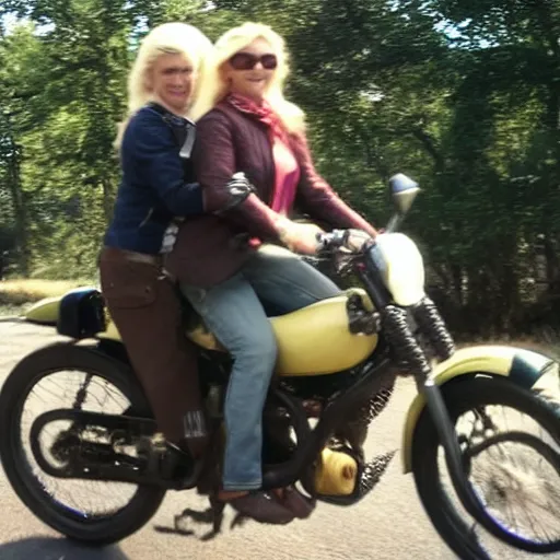 Prompt: photo of a horse - motorcycle being ridden by a blonde woman