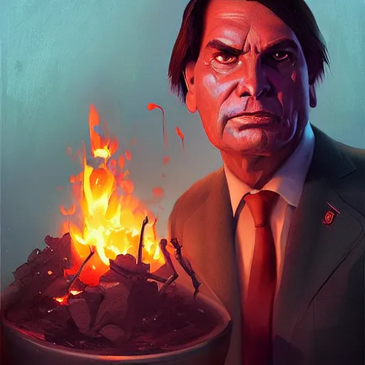 Prompt: Jair Bolsonaro president of Brazil with angry evil eyes burning the amazon, dark lighting artwork by Sergey Kolesov