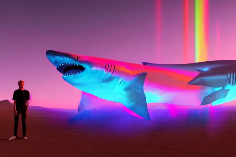 Prompt: a holographic projection of a huge colorful lucid shark made of light beams appears in the desert at night, a man is stunned, by beeple, highly - detailed, fantasy