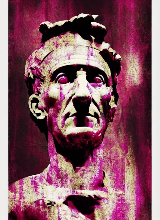 Image similar to elegant dark design poster showing a statue of julius caesar, black background with very subtle red and purple design elements, soft edges, powerful, nekro, vito acconci, thin straight purple lines, dark, glitch art, neo vaporwave, gritty, layout frame, square, trending on artstation