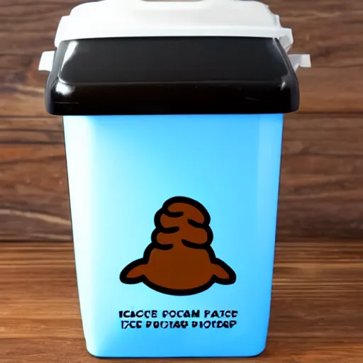 Prompt: poop flavored ice cream quart container with a picture of poop on the graphic label