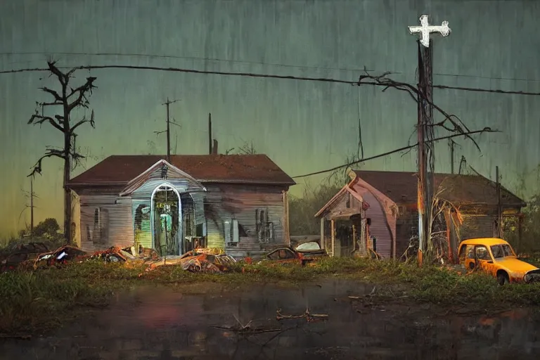 Image similar to scene fromlouisiana swamps, old protestant church with neon cross, junkyard by the road, boy scout troop, voodoo artwork by tim eitel