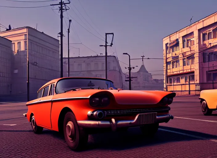 Image similar to hyperrealistic matte painting of gta moscow, 1 9 6 0, playstation 5 screenshot, mega details, golden hour, beautiful rtx reflections, soviet suburbs, photorealistic, unreal engine 5, octane render, volumetric light, featured on cg society, 4 k, 5 0 mm bokeh, kodachrome, russian lada car, artstation