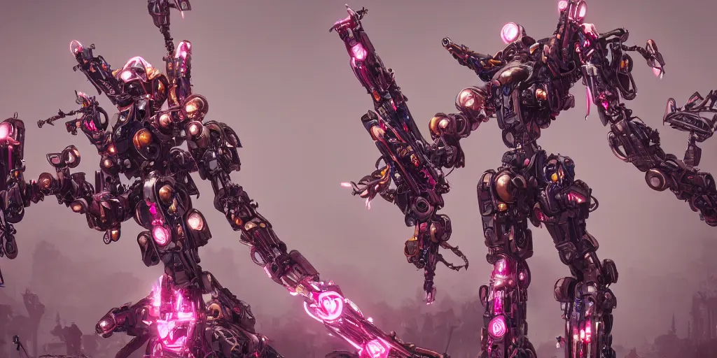 Image similar to a female saints as daffodils made of mecha is flying in the fantasy forest by merriam, daniel, intricate mechanical details, futuristic, 2 k aesthetic, dramatic lighting, concept art, 4 k, 3 d octane render, pink and red colors, provenance, detailed, trending on artstation