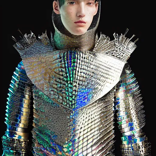 Image similar to a portrait of a beautiful young male wearing an alexander mcqueen armor made of holographic origami , photographed by andrew thomas huang, artistic