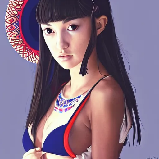 Image similar to a beautiful young japanese natalie portman alluring gravure model, stylized concept art, wearing elegant designer bomber jacket and one piece bikini, bomber jacket with mesoamerican patterns, mesoamerican native street fashion, princess mononoke, painted by ilya kuvshinov aesthetic, gorgeous, stunning, alluring, attractive, artstation, pinterest, digital art