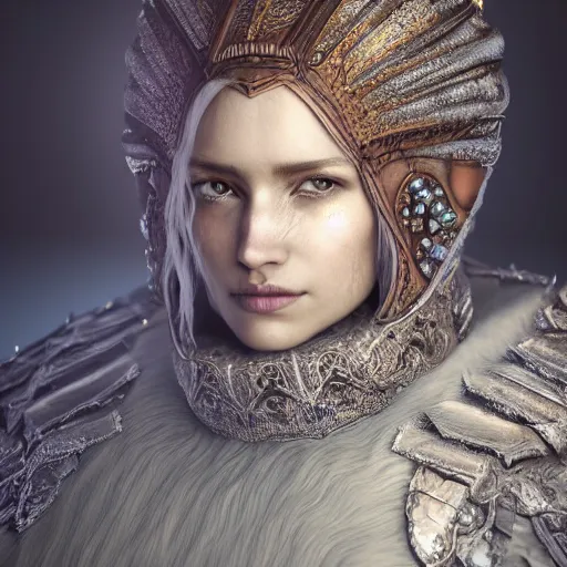 Prompt: a regal brown woman wearing an intricate and detailed armor made of ice. ice caves. glaciers. dramatic shadows. reflections. volumetric lighting. textures. delicate. translucent. studio portrait. photorealistic. octane render