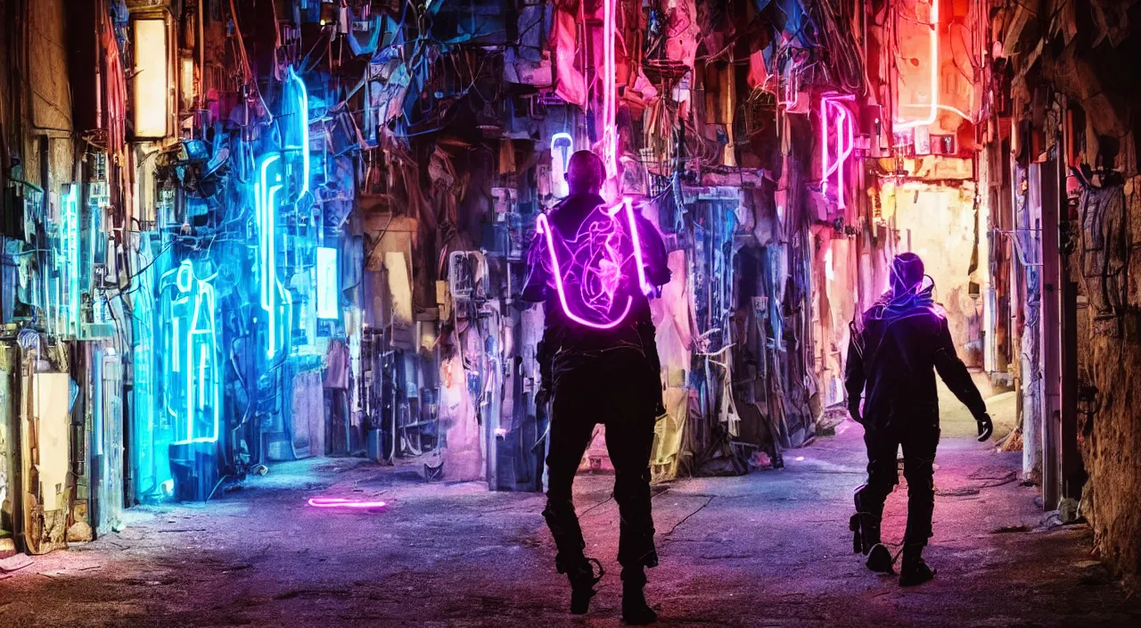 Prompt: a photo of a cyberpunk man walking in a medival village, the photo was taken from the ground looking up at the man's back, the man has glowing neon pink and blue lights on his back, ultra high detail.