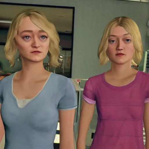 Prompt: Dakota Fanning and her sister in GTA 5.