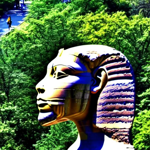 Prompt: sphinx head in central park new york dji drone footage flat light high s - log