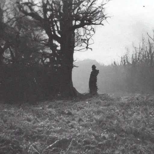 Image similar to old photo of a creepy landscape, scary figure in the distance