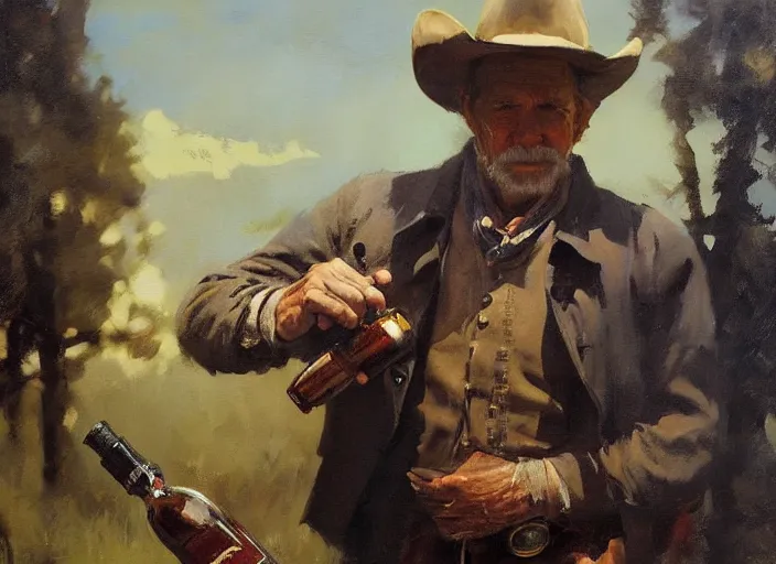 Prompt: oil painting of old rugged cowboy with whiskey bottle and gun, art by anders zorn, wonderful masterpiece by greg rutkowski, beautiful cinematic light, american romanticism by greg manchess