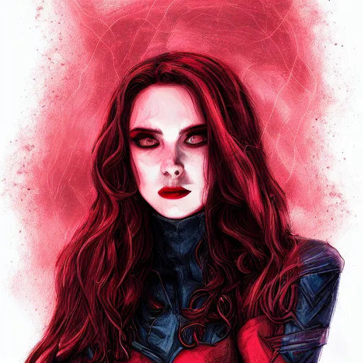 Image similar to Portrait of Wanda the scarlet witch, Marvel, crying blood, screaming, highly detailed, anger, fear, ominous background, artstation, trending on ArtStation, by smile _zPRO