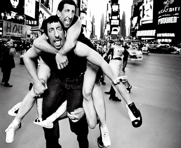 Image similar to The rock piggyback on Adam Sandler on Methamphetamine at Times Square, photograph by Alfred Eisenstaedt, 4K, dramatic lighting; 4K 8K