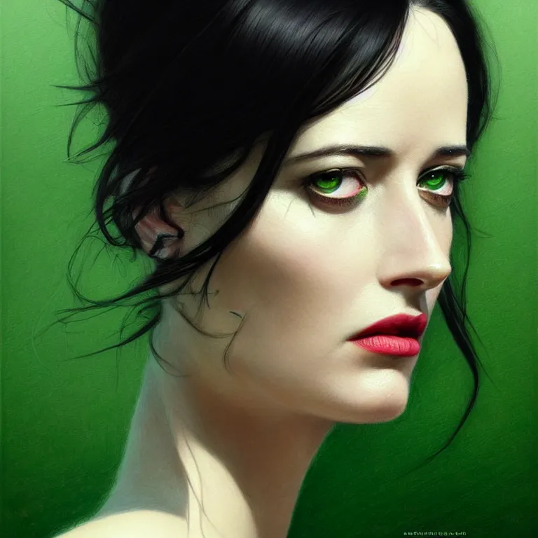 Image similar to portrait of eva green, black hair, green eyes, elegant, real life skin, intricate artwork, high detailed, artstation, concept art, smooth, sharp focus, art by artgerm and greg rutkowski @ ruprechy