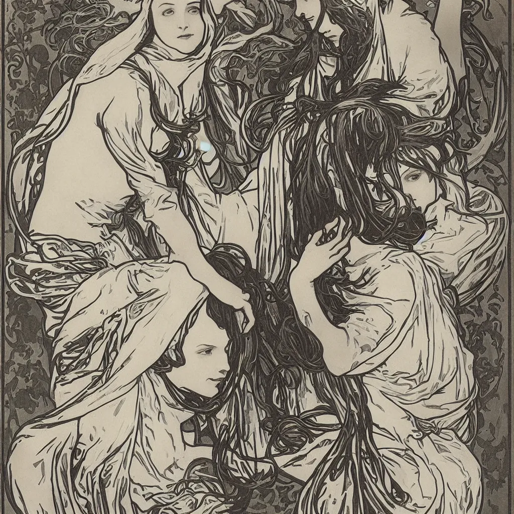 Image similar to monochromatic engraving by alphonse mucha and gustave klint