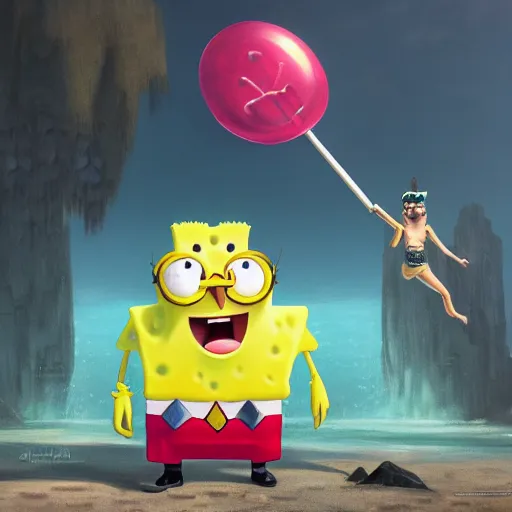 Image similar to a beautiful portrait of an epic fantasy style spongebob holding a giant lollipop and wearing a pair of old fashioned aviator goggles, Bikini Bottom is the background, insanely detailed, 3D art, Greg Rutkowski, Charlie Bowater, unreal 5, DAZ, Maya Render, hyperrealistic, octane render, RPG portrait, dynamic lighting, fantasy art