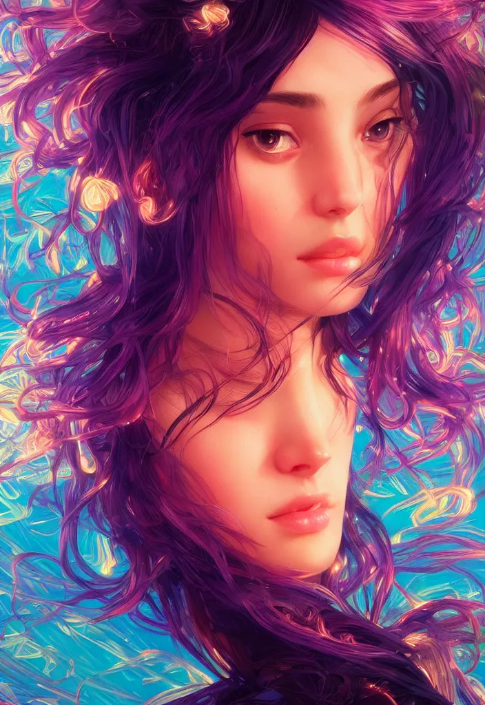 Image similar to beautiful, young woman, detailed gorgeous face, vaporwave aesthetic, synthwave, colorful, psychedelic, artstation, concept art, smooth, extremely sharp detail, finely tuned detail, ultra high definition, 8 k, unreal engine 5, ultra sharp focus, illustration, art by artgerm and greg rutkowski and alphonse mucha