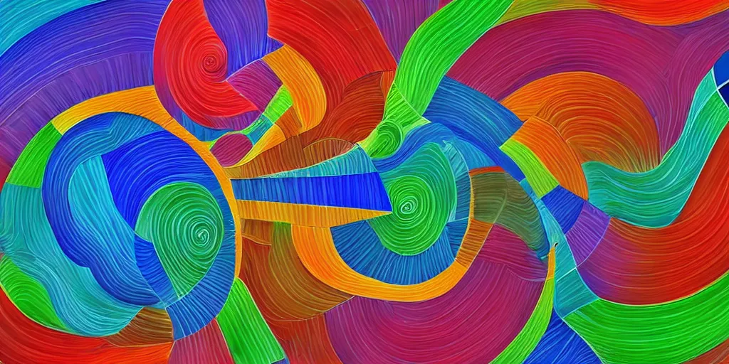 Image similar to an abstract 3d rendering of an abstract by robert delaunay of colorful spirals interacting in complex designs in the fibonacci ratio with smooth color transitions