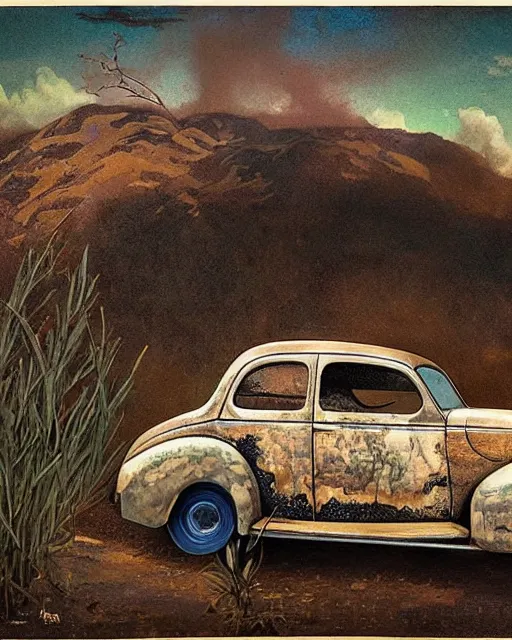 Image similar to medium shot portrait of a prohibition era moonshiner with detailed features, dusty 1940 ford coupe in the backdrop, dutch camera view, dirt, Appalachian mountains, sharp focus, illustration, highly detailed, oil painting, matte, art by Greg Rutkowski and Alphonse Mucha, masterpiece