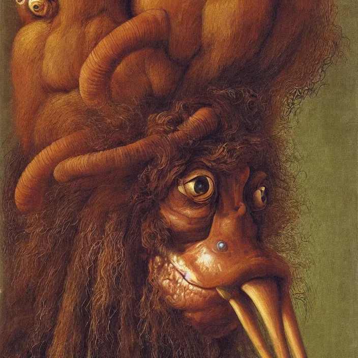 Image similar to close up portrait of a mutant monster creature with giant protruding eyes bulging out of their eye sockets, exotic orchid - like mouth, long colorful hair growing out of the nostrils, antelope horns. by jan van eyck, audubon