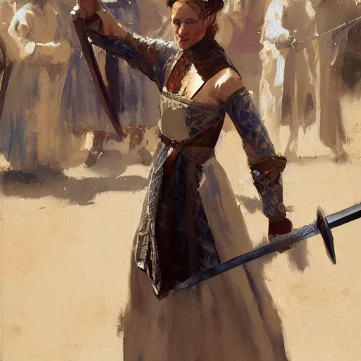Prompt: portrait of woman wearing medieval clothing holding sword, aggressive stance, detailed by greg manchess, craig mullins, bernie fuchs, walter everett