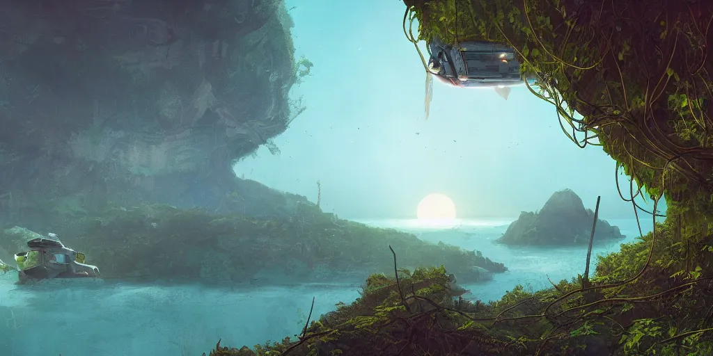 Image similar to a crashed, abandoned spaceship hanging partially over a cliff. The spaceship is covered in vines. Beneath the cliff is an alien lake. In the sky are two suns. Detailed digital matte painting in the style of simon stalenhag
