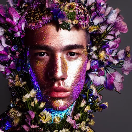Image similar to a portrait of a beautiful young male wearing an alexander mcqueen armor made of holographic flowers , photographed by andrew thomas huang, artistic