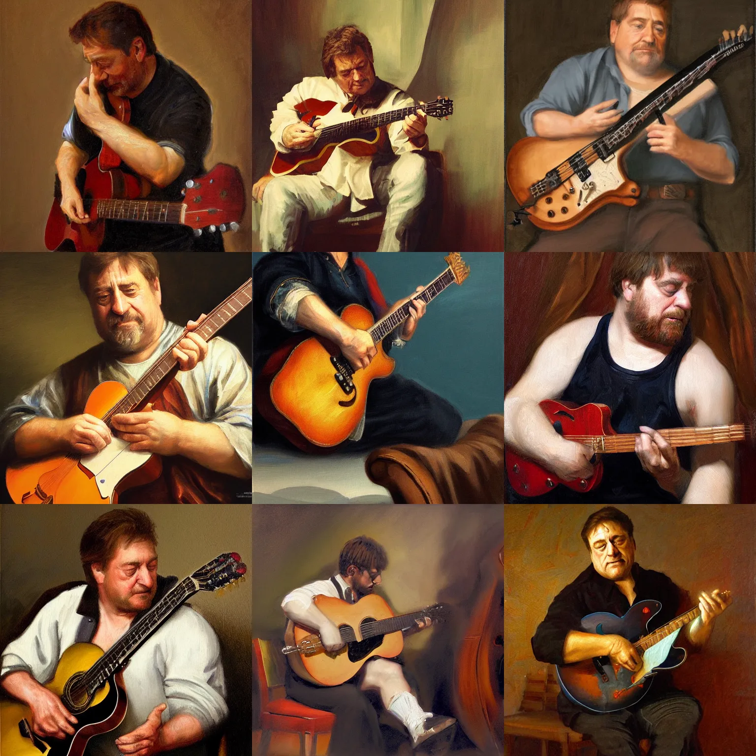 Prompt: John Goodman playing e guitar, classical painting, high resolution, detailed, trending on artstation