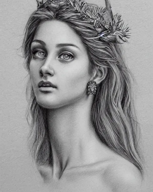 Image similar to pencil drawing of a beautiful greek goddess aphrodite wearing a laurel wreath and arrowhead earrings, beautiful confident eyes, beautiful flowing hair, hyper realistic face, in the style of greg rutkowski, fantasy, amazing detail, epic, elegant, smooth, sharp focus, from the front