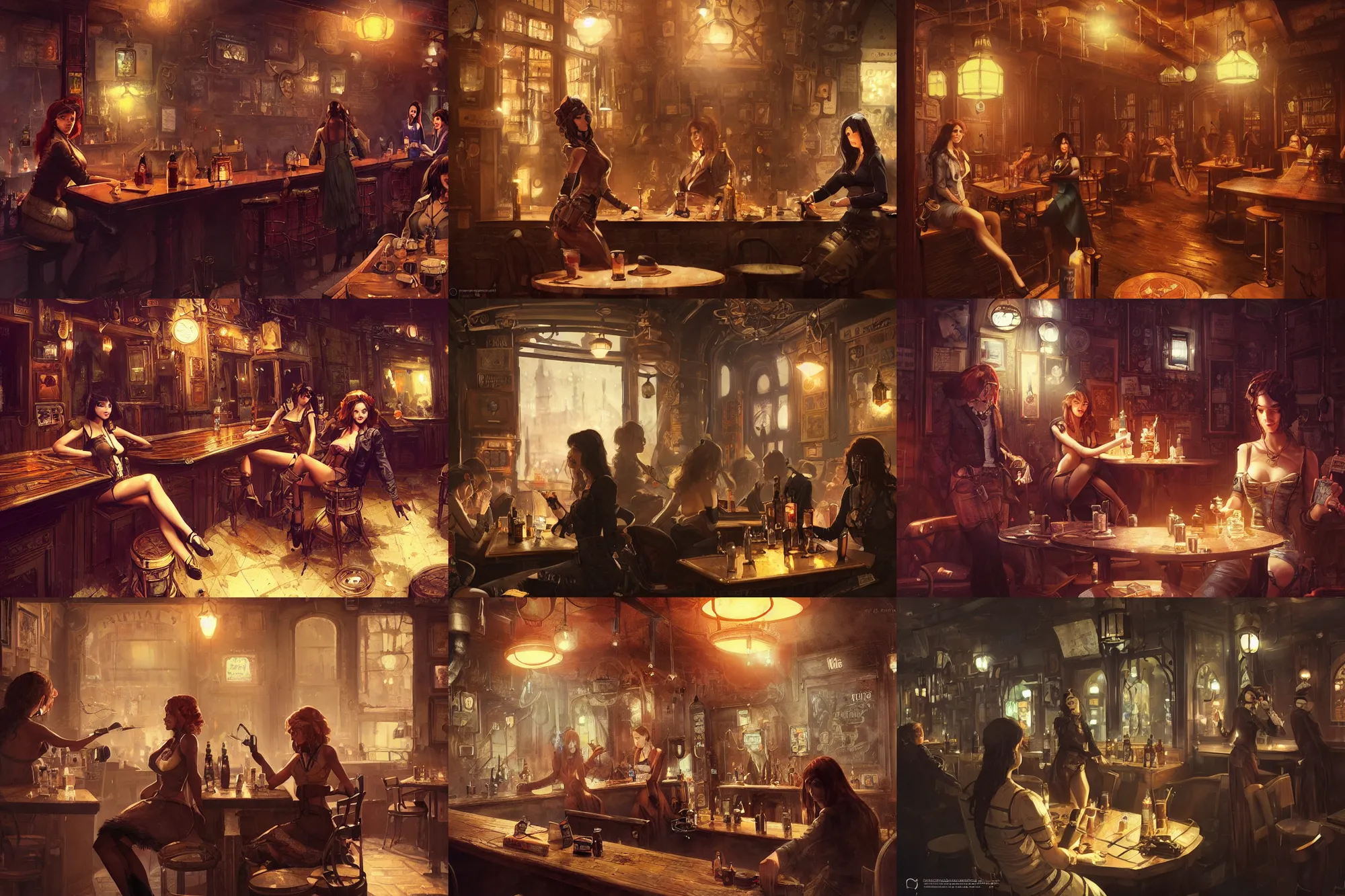 Prompt: women in the interior of a steampunk pub, Greg Rutkowski, Milo Manara, night time, smoking cigarettes, playing video games, highly detailed, Quentin Tarantino movie posters, pulp fiction, level design, concept art, artstation, cgsociety, zenith view