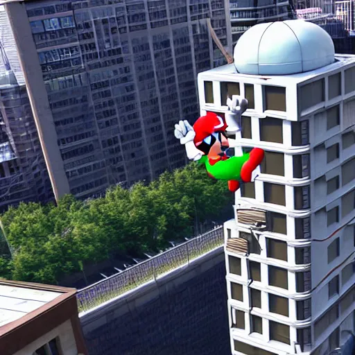 Image similar to super mario bros jumps from tall building