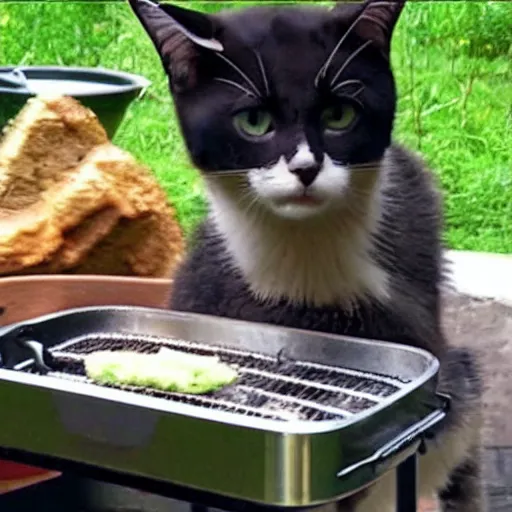 Image similar to trailcam footage of a cat cooking a meal using a bbq. caught on camera