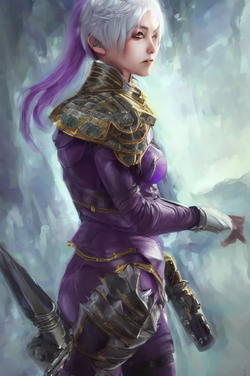 Image similar to A realistic anime portrait of a short white haired female rogue wearing an intricate medium armor, middle eastern, purple eyes, digital painting, by Stanley Artgerm Lau, Sakimichan, WLOP and Rossdraws, digtial painting, trending on ArtStation, SFW version